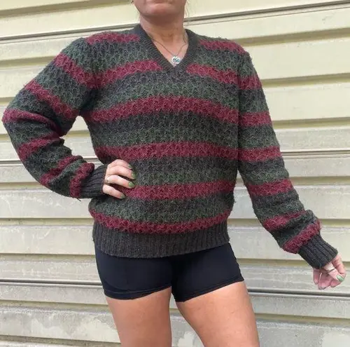 Vintage Campus Textured Knit V Neck Stripe Sweater Dark Maroon Navy Green LARGE