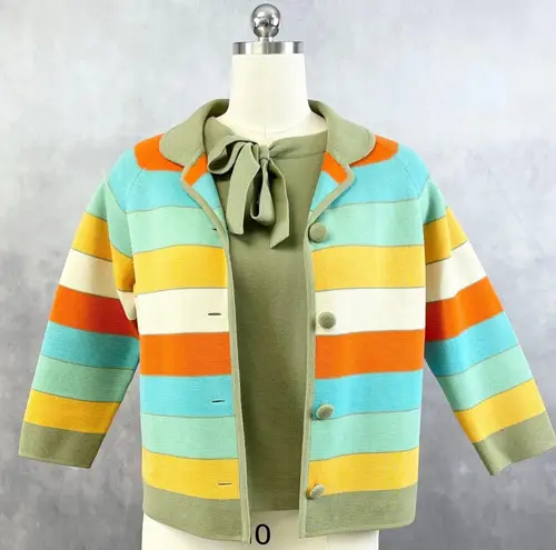 Vintage 60s Riviera Wool Twinset Womens 14 Stripe Cardigan Sweater Top Mod Retro Green