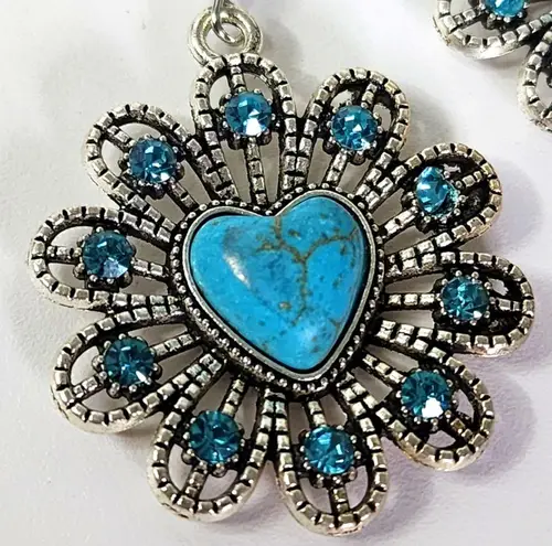Boho Silver Turquoise Color Natural Stone Heart Flower Earrings New Blue