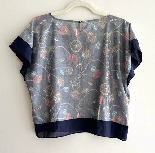 Eveve Nautical Print Blouse, Coastal Grandma Preppy Blouse, Navy Blue, Medium Blue
