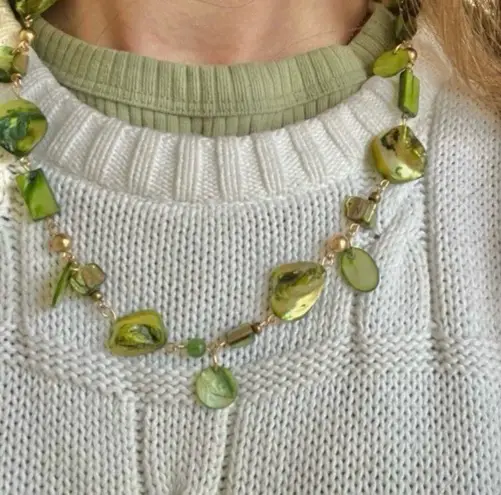 Green Abalone Necklace Vintage “Tigris” Remade Shell Beachy Assymetric Boho