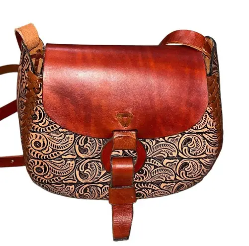 Hand Tooled Brown Leather Saddlebag Crossbody Purse
