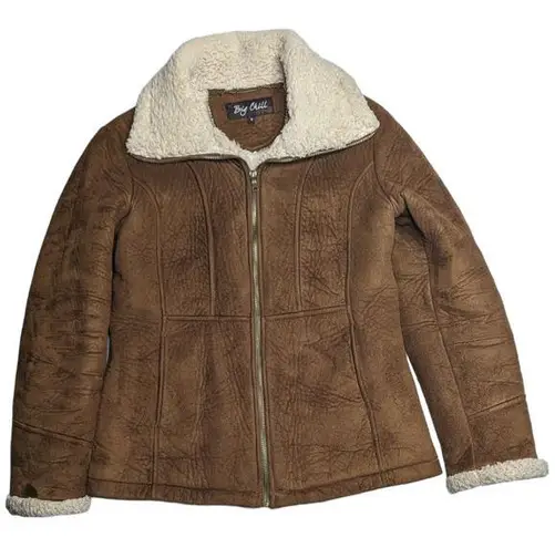 Vtg Y2K Big Chill Brown Faux Suede Sherpa Lined Full Zip Outdoor Winter Jacket S