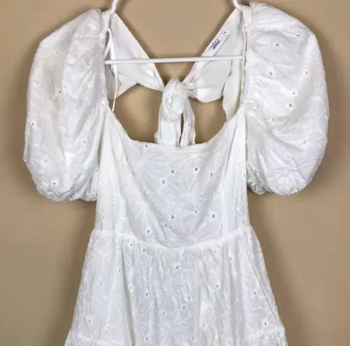 TALULAH Women’s White Floral Embroidered Puff Sleeve Open Back Tie Mini Dress