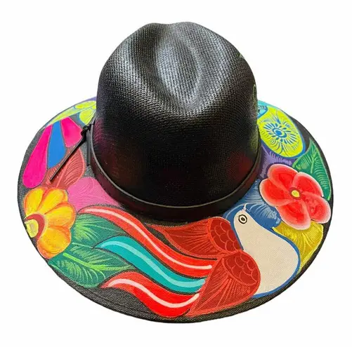 HAT MEXICAN Artisanal Hand Painted Fedora Floral Sombrero Panama Bohemian Black