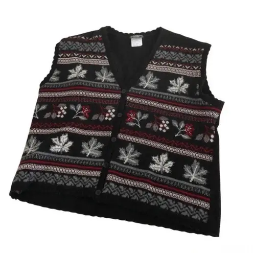 SOUTHERN LADY Black Winter Theme Button Up Sweater Vest Snowflakes XL Vintage
