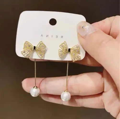 Bow Pearl Tassel Dangle Drop Earrings for Women Gold