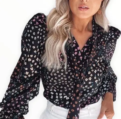 Never Fully Dressed Black Meadow Floral Tie Neck Long Sleeve Cinched Cuff Top 2
