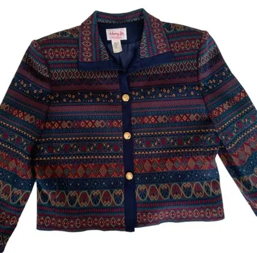 Lee Vintage Henry  Blazer Navy Multicolored Print Cardigan Jacket Size 16 Petite