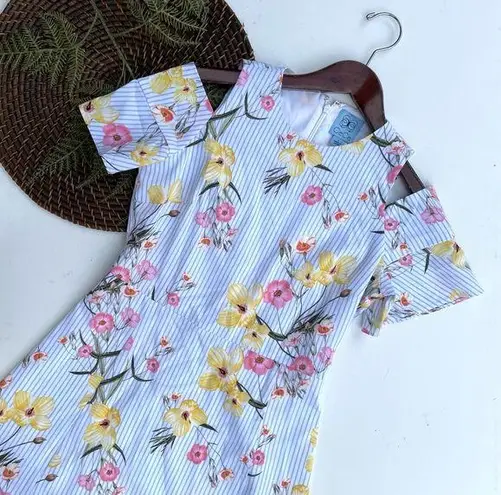 CeCe Women’s Dress Blue White Stripe Floral Cold Shoulder Spring 2