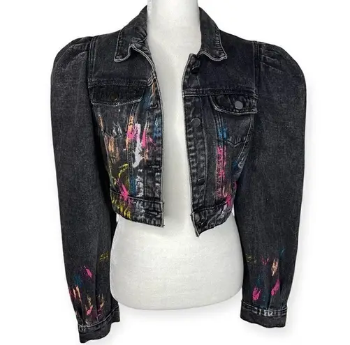 SheIn  Splatter Paint Puff Sleeve Cropped Denim Jacket (Washed Black) - 6