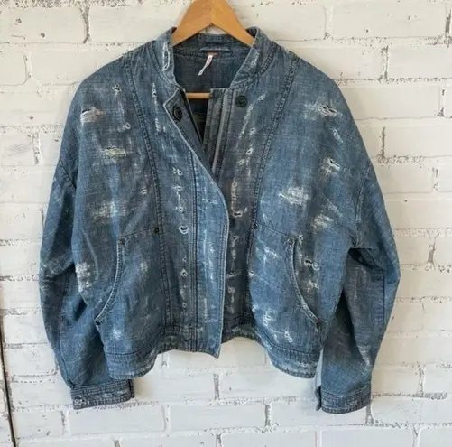 Free People  Distressed Denim Bomber Jean Jacket  Small Zip and Snap Up Front