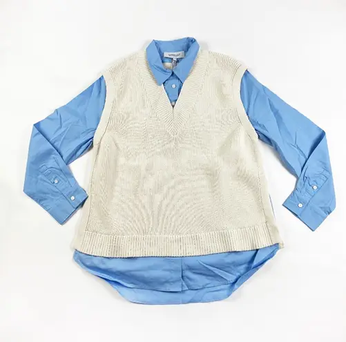 Derek Lam NEW 10 Crosby Paige Knit Vest & Shirt Top Overlay Set Blue Ivory Large