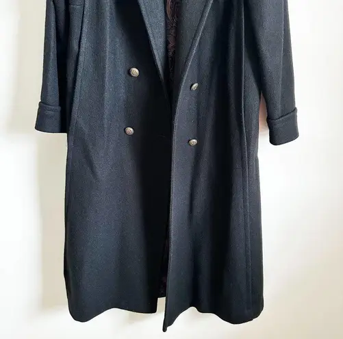 Vintage Black Double Breasted Long Wool Coat Pleated Puff Shoulder sz 8 Petite