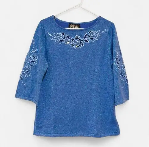 Bob Mackie Wearable Art Cut Out 3/4 Sleeves Blue Metallic Sweater Size S