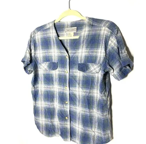VTG Silk Exchange Blue Plaid Button Up V Neck Short Sleeve Silk Shirt Womens S