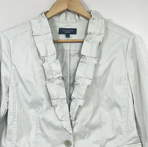 Talbots  Blazer Vintage Women’s 12 Khaki Long Sleeve Pocket Front Ruffle New Y2K