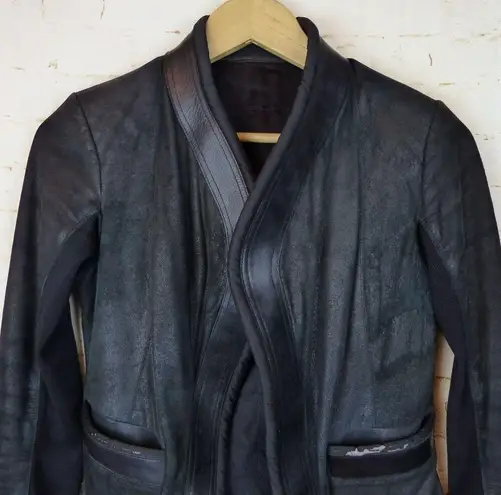 Rick Owen Distress Lamb Leather Jacket Women 6US Black Open Front Goth Y2K FLAWS Size 6