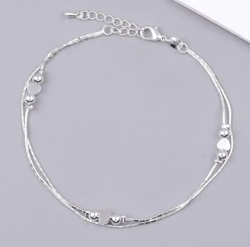 New Heart & Ball Double Anklet Silver Color 10”