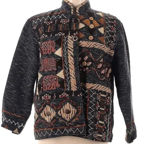 Yak Magik Patchwork Blazer Grey Elephants Embroidered Detail Cork Buttons sz M Multiple Size M