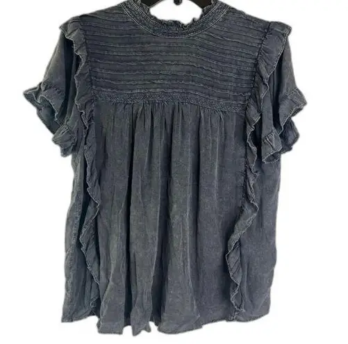 Mustard Seed  Gray Boho Short Sleeve Ruffled Trim Tshirt Blouse‎ Size Small