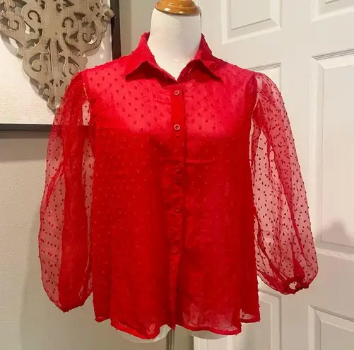 Red Sheer Polka Dot Women's Button DownnTop Christmas Holiday Party Office Size L