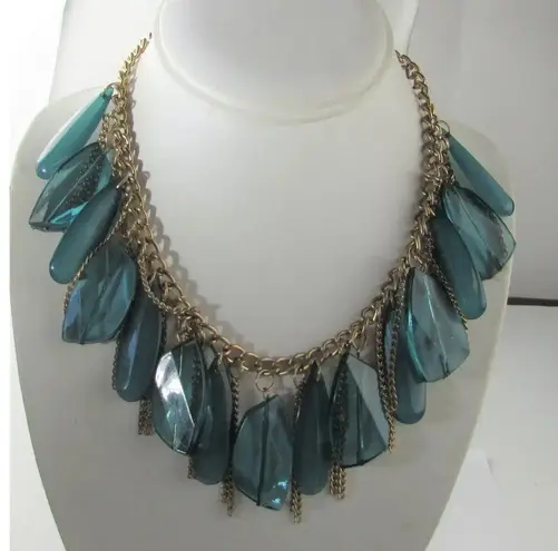 Style and Grace
Mid Century Modern Gold Tone Necklace With Tons of Lucite Drops Blue