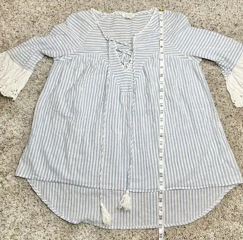 Soiéblu Soieblu Blue White Stripe Lace Up Tassel Eyelet Sleeve Top Blouse Small