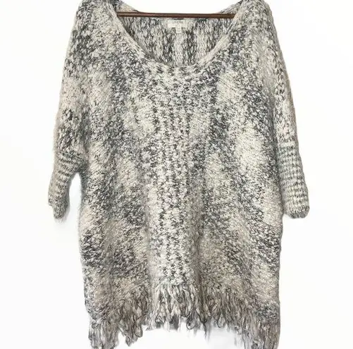 Umgee  Fringe Poncho Knit Shrug White Gray S/M