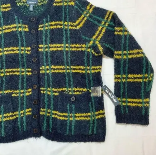 Modcloth Plaid Boucle Cardigan Sweater Retro Knit Navy Button Front Sz 1X New