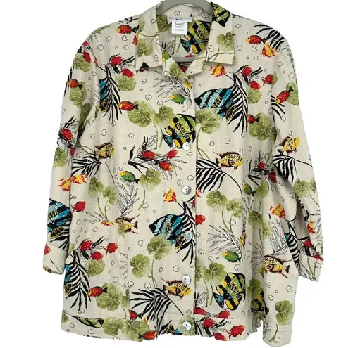 Vintage Stephanie Thomas Linen Blend Jacket Shacket Fish Print Button Up 14/16 - Image 1