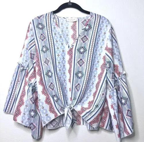 Lavender Field Aztec Print Tie Front Blouse Size Medium