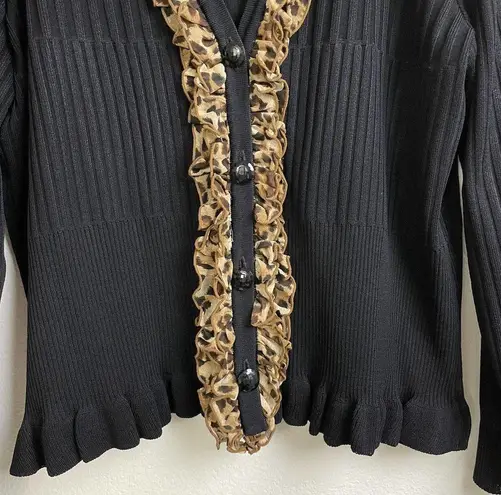 Exclusively Misook Cardigan Large Womens Black Tan Ribbed Ruffle Animal Print