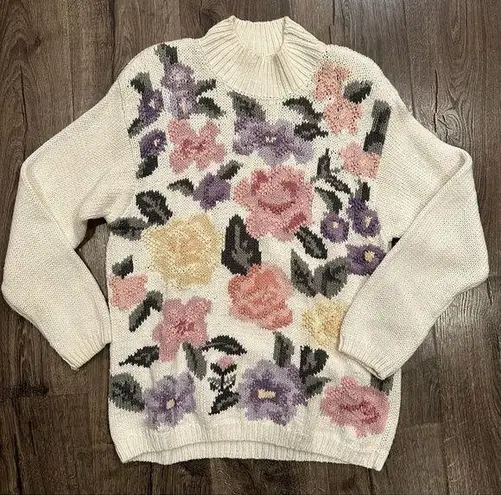 Vintage Hand Knit Chrysanthemum Sweater Womens White Floral Pink Purple Flowers Size M