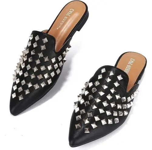 Cape Robbin Enny Silver Studded Mules Black Women SZ 6.5