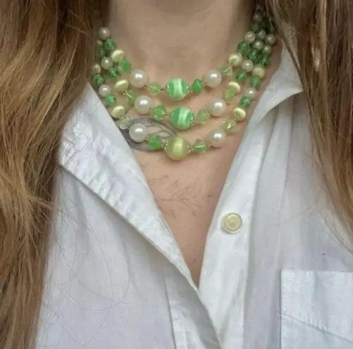 American Vintage Vintage “Sybil” Japan Green Glass Bead Pearl Necklace Three Strand Choker Multi Color