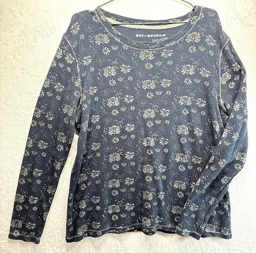 Bit & Bridle Western Waffle Thermal Shirt Navy Blue with Cream Flowers by