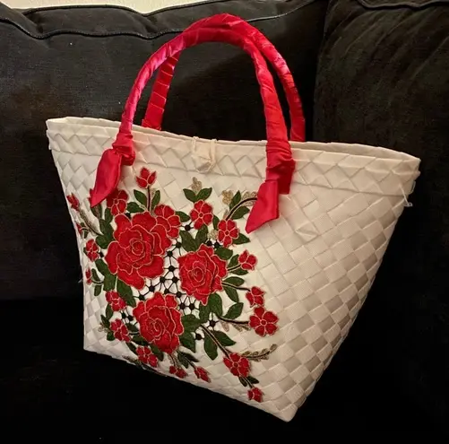 Embroidered Woven Floral Beach Bag Tote Multi