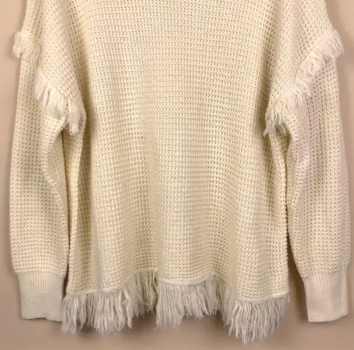 Umgee  Women’s Waffle Knit Fringe Sleeve Hem Detail Mock Neck Cream Sweater