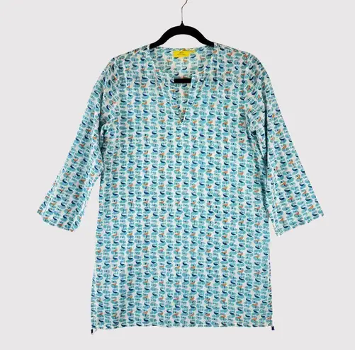 Roberta Roller Rabbit Roller Rabbit Womens Top Blue Sardina Kurta Tunic V Neck 3/4 Sleeve Blouse XS