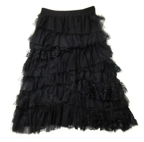 Anthropologie NWT By  Ruffled Tulle Midi in Black Tiered Lace Skirt M $180