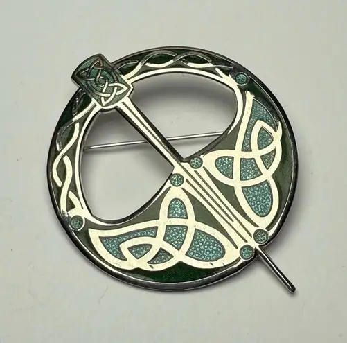 Celtic Sea Signed Blue Green Enamel Tara Brooch Pin Silver Tone