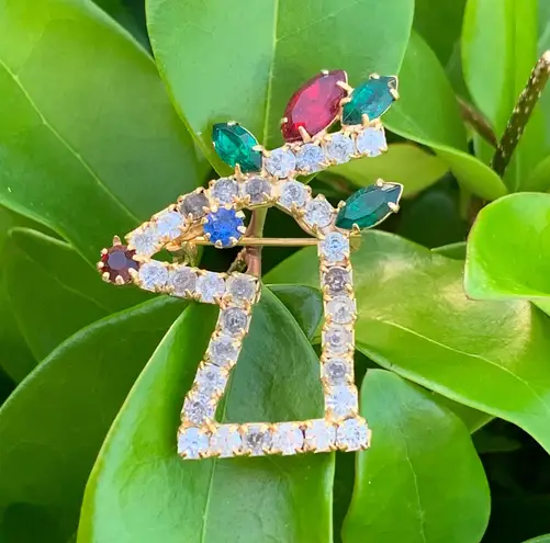 Vintage Christmas Reindeer Head Brooch Pin w/ Gems Gold