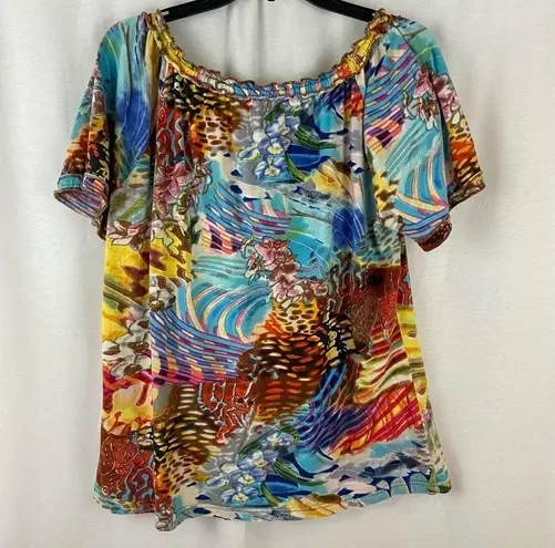 Christopher & Banks  Bold Colorful Floral Sequins Tie Neck Flowy Cotton Top