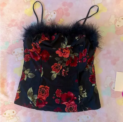 Boutique designer silky black rose all over tank top with fur neckline (L) NEW