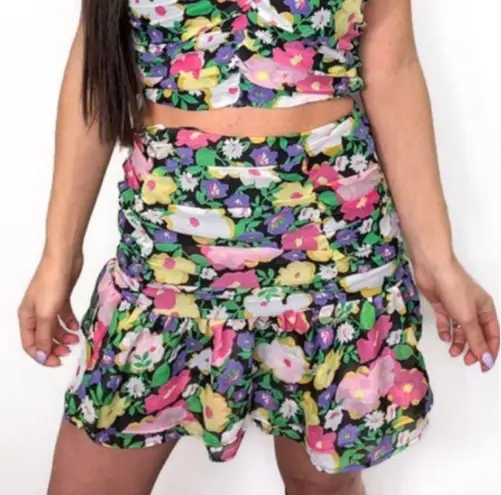 White Birch Skirt Set Size Medium Black Floral Halter Crop Top Mini Peplum Mesh