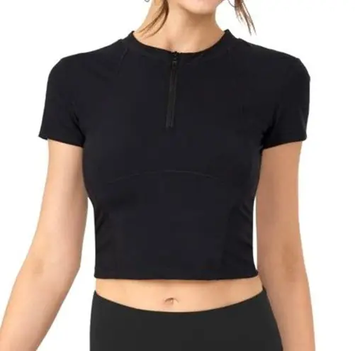 Halara  In My Feels Half Zip Short Sleeve Crop Golf  Top Black