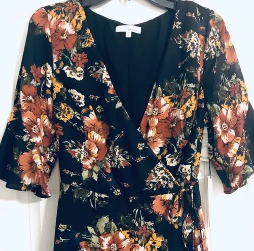 June and Hudson Wrap Dress Floral Mini Black Orange Brown Size M New w/Tag
