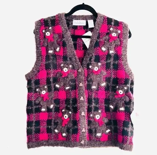 BellePointe Vest M NWT Teddy Bear Vintage Brown Grandma Retro Plaid Embroidered Size M