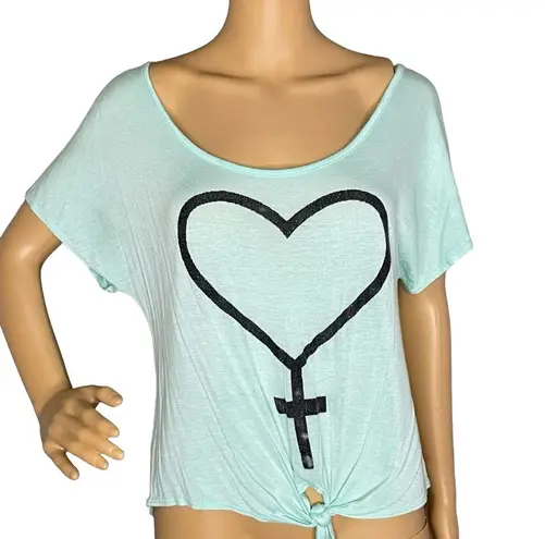 Miss Popular Aqua and Black Tie Front Blouse With Heart Size Large